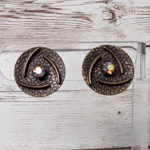 Vintage Clip On Earrings Metal Circle with Iridescent Gems - Picture 1 of 10